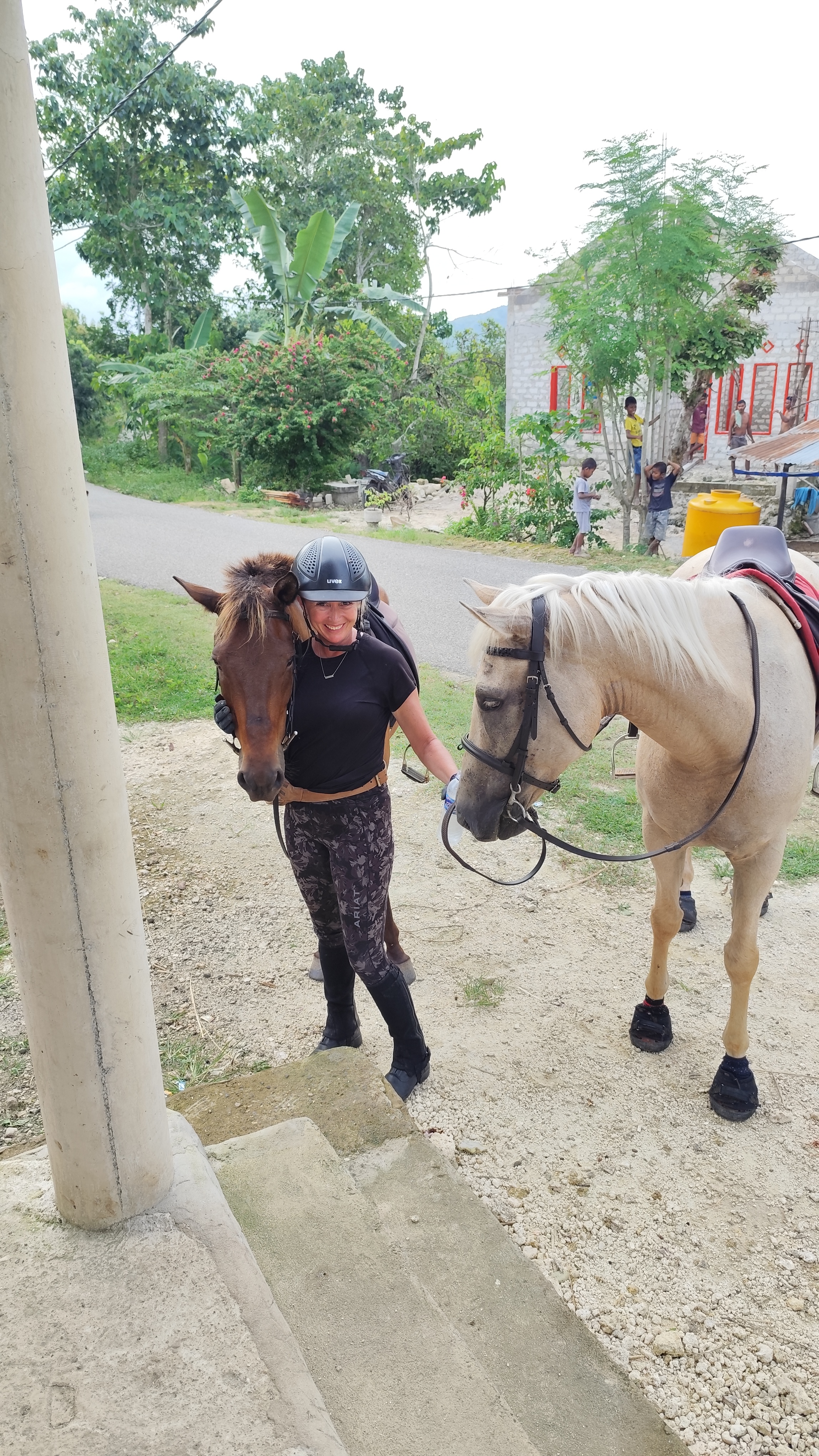 Rider standing between two Sumba horses